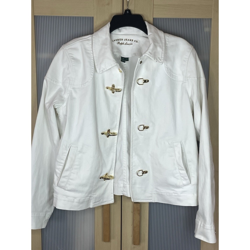 Ralph Lauren White Denim Jacket Nautical Utility L Equestrian Gold Buckle Luxury - Picture 2 of 10